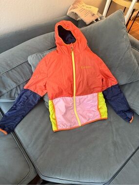 cotopaxi Colorblock Hooded Puffer Jacket in Coral, Navy, Pink & Yellow